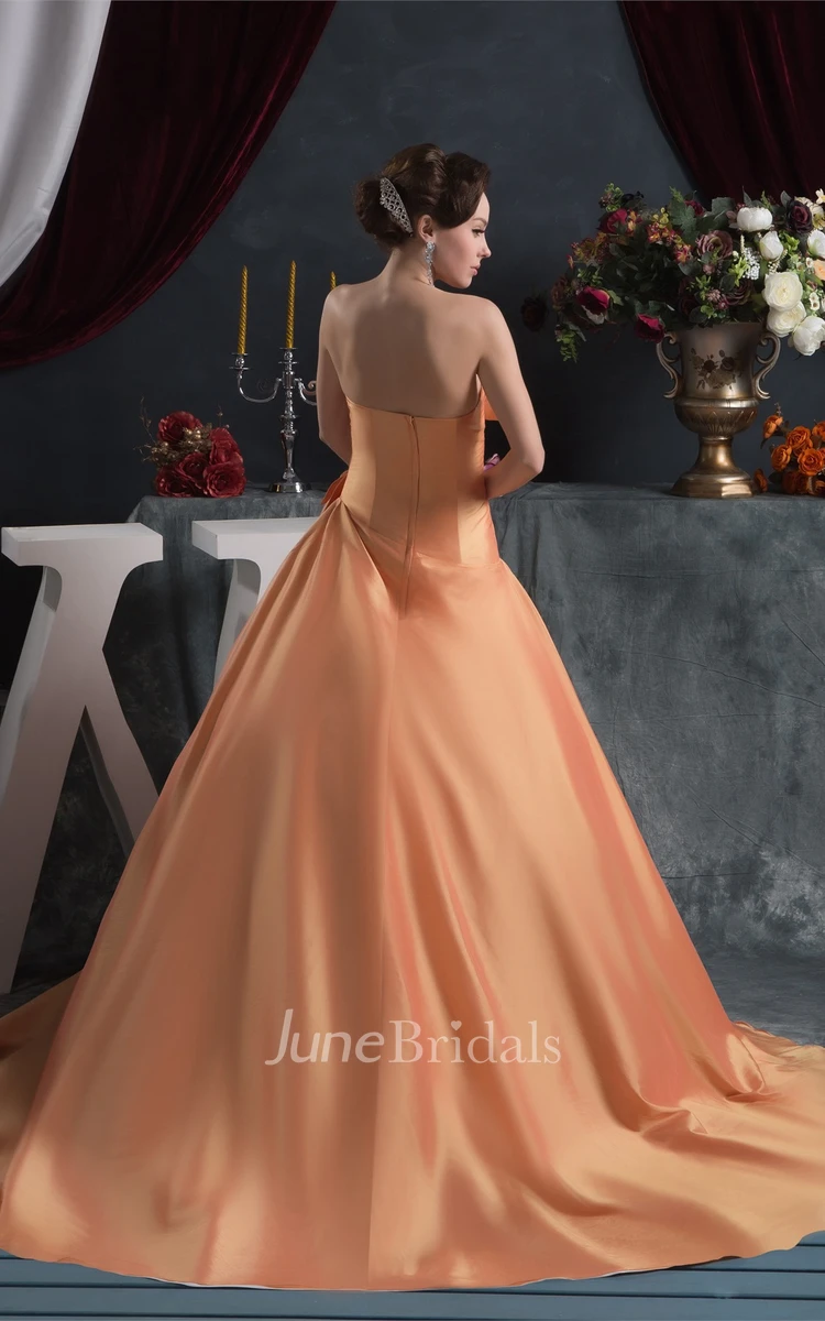 Strapless Ruffled Ball Gown with Flower and Pleats