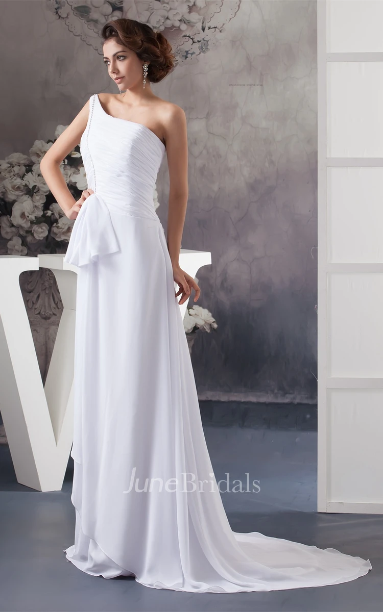 One-Shoulder Chiffon Ruched Dress with Bow and Brush Train