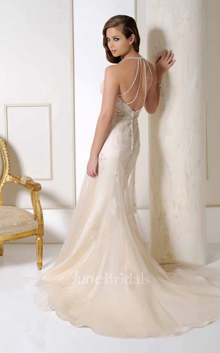 Halter Long Appliqued Tulle Wedding Dress With Court Train And V Back