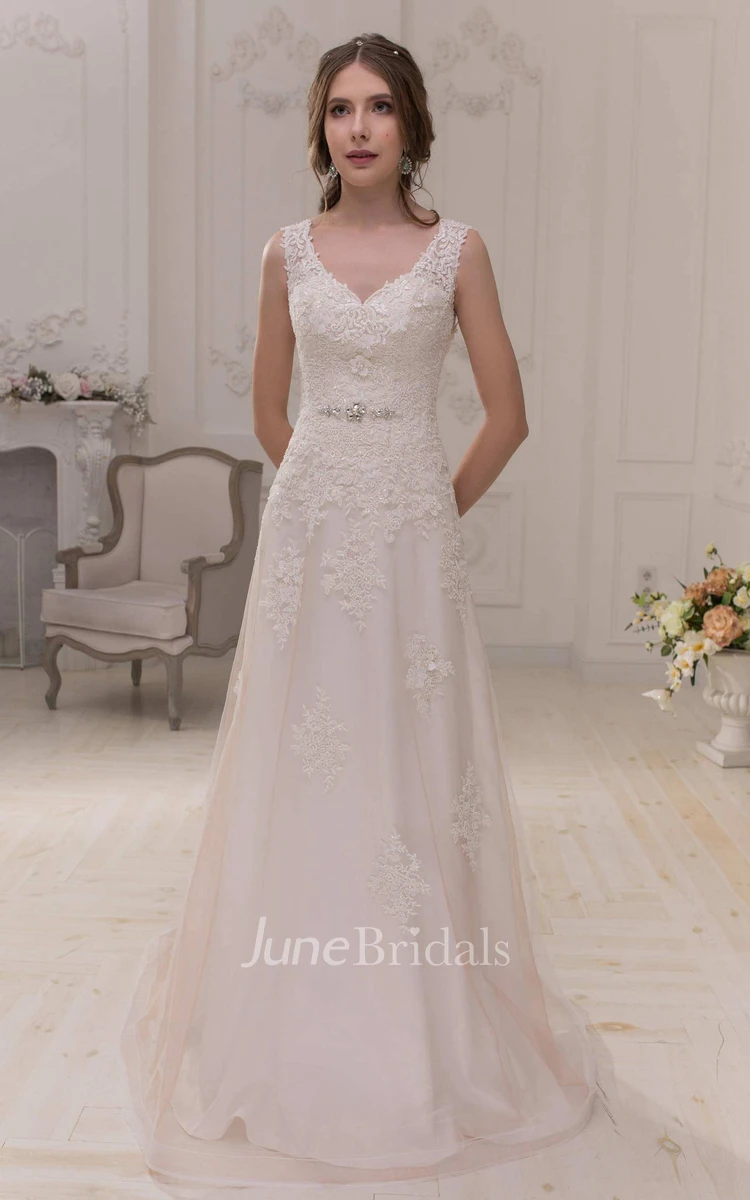 Plunged Sleeveless A-Line Satin Lace Wedding Dress With Appliques