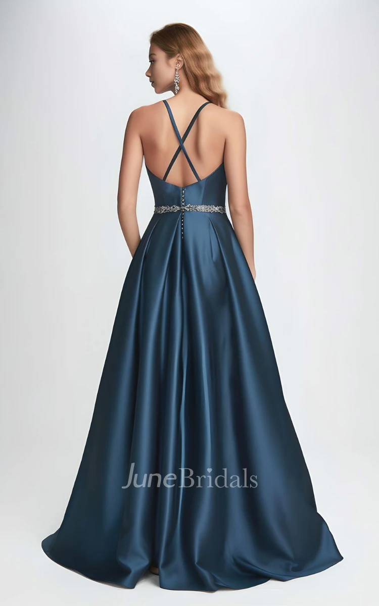 Sexy A Line Spaghetti Square Satin Sleeveless Evening Dress with Train Simple Ethereal Modern Floor-length