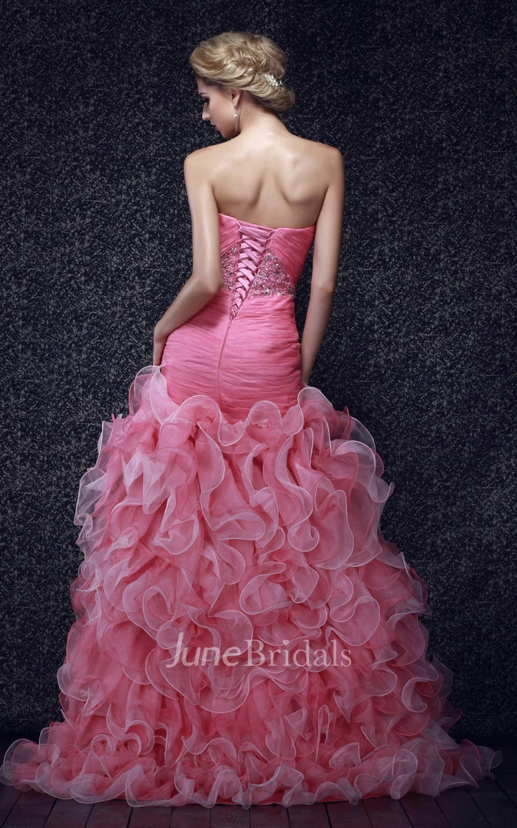 Strapless Beaded Front-Split Dress With Ruffles and Ruching