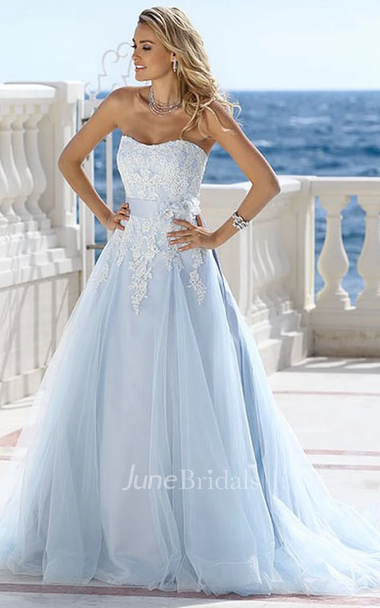 Strapless A-Line Tulle Wedding Dress with Flower Classic Bridal Gown