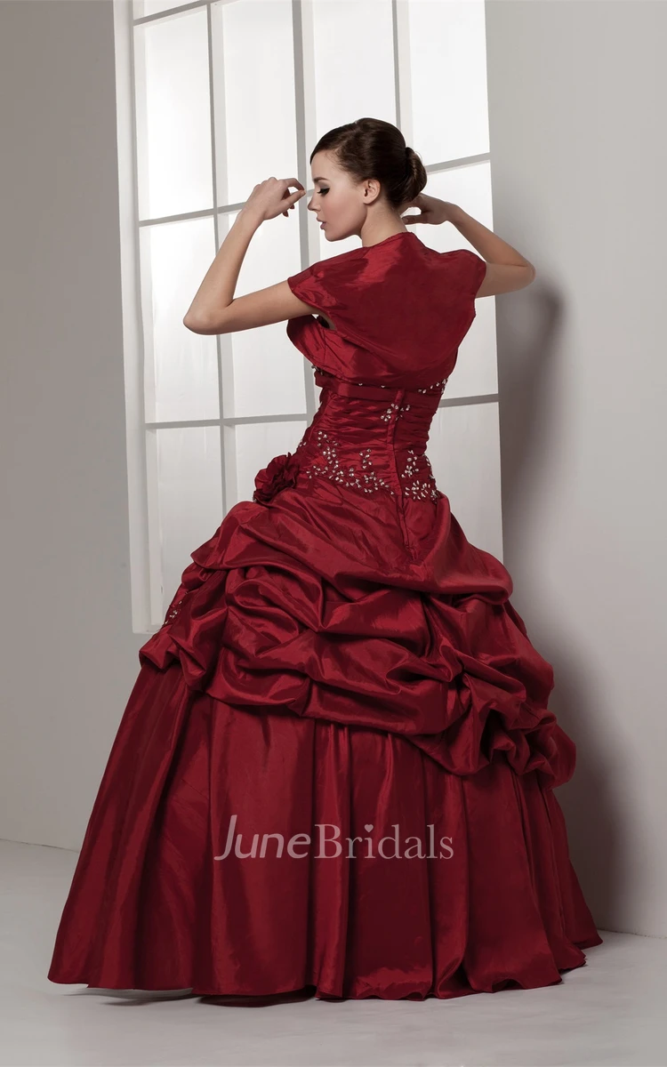 Strapless Pick-Up Ball Gown with Rhinestone and Flower