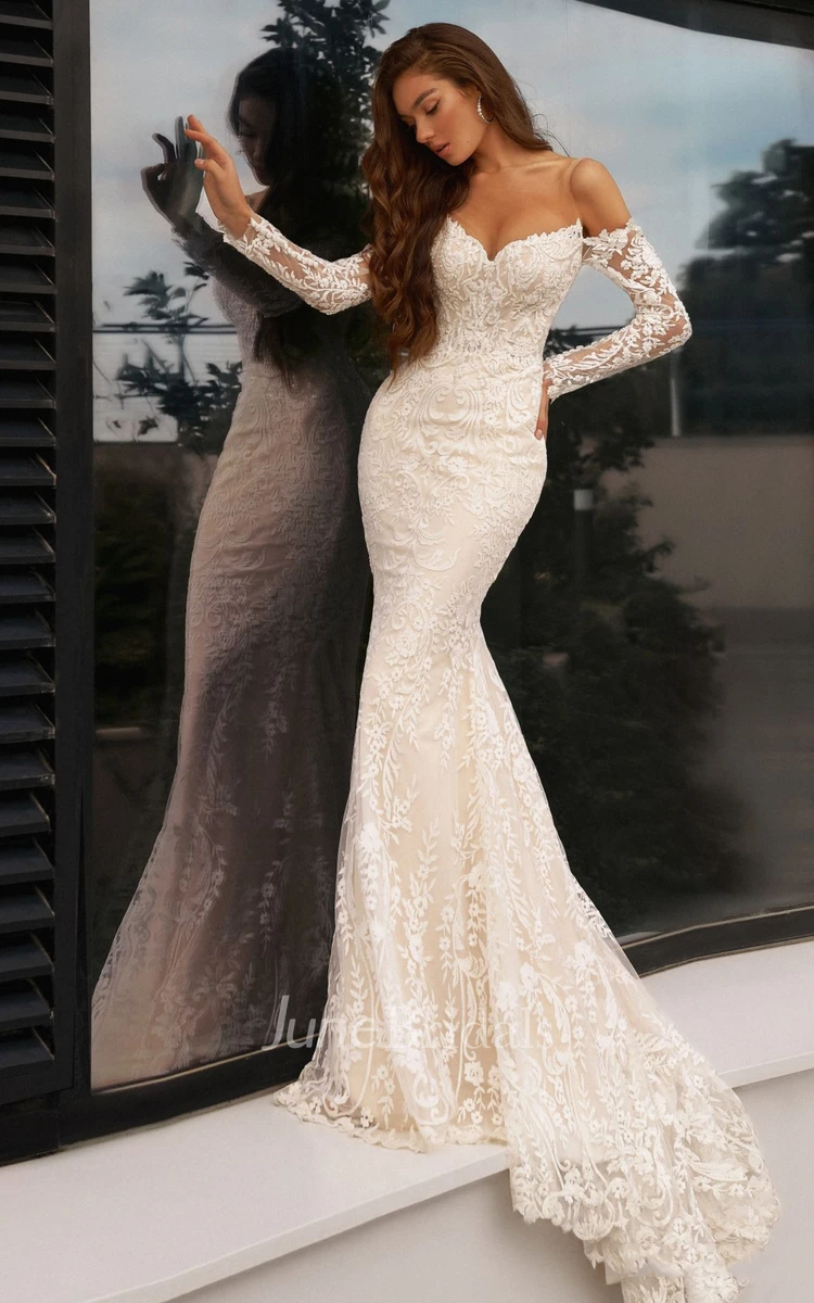 Modern White Mermaid Winter Boho Lace Wedding Dress Elegant Sexy Long Sleeve Off-the-Shoulder Bridal Gown with Appliques