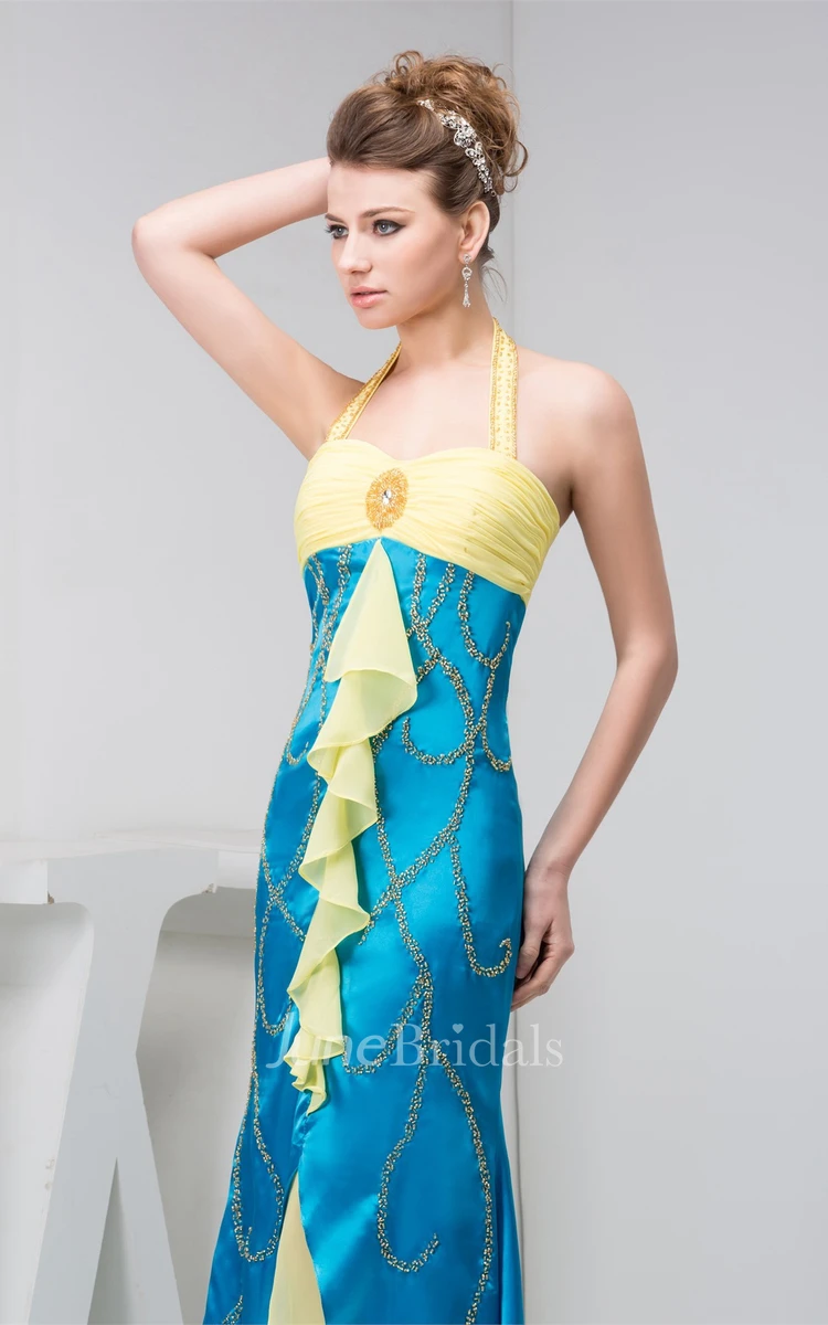 Two-Tone Haltered Sheath Dress with Broach and Stress