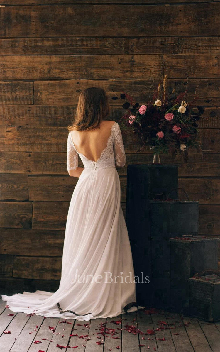 Romantic Style 3 4 Sleeve Long Chiffon Dress With Lace Bodice