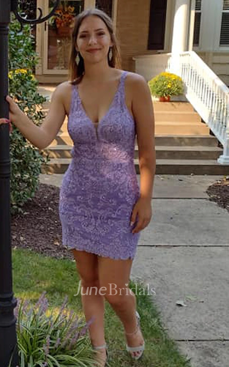 Lace Bodycon Casual Plunging Neckline Homecoming Dress With Open Back And Sweep Train