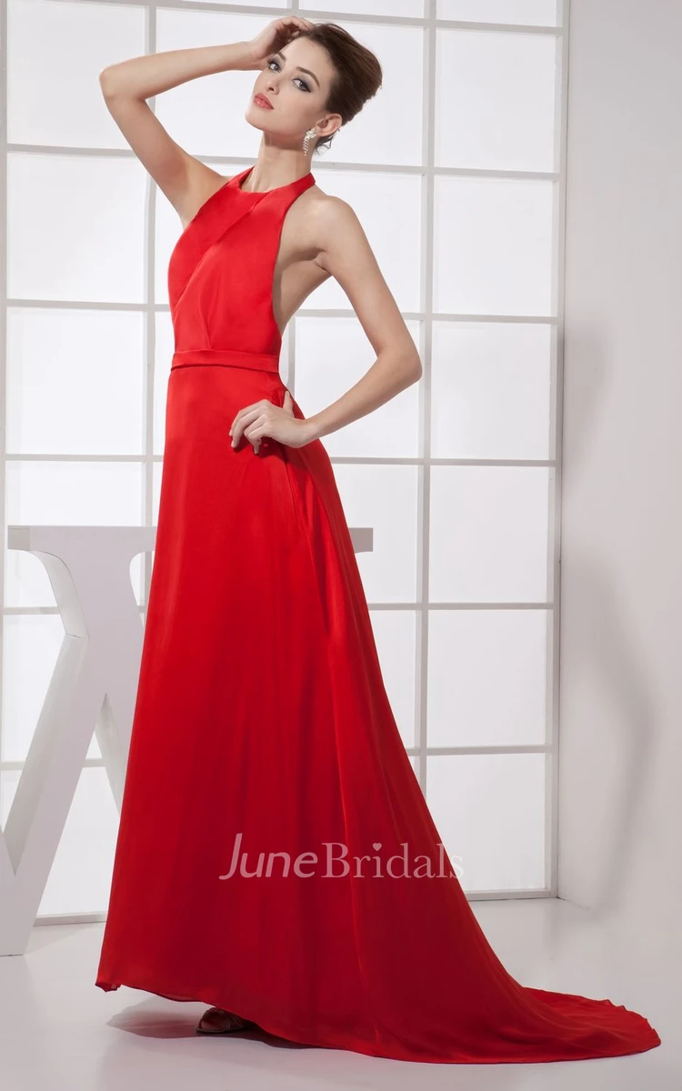 Flamboyant Satin Long Dress With Halter and Backless Design
