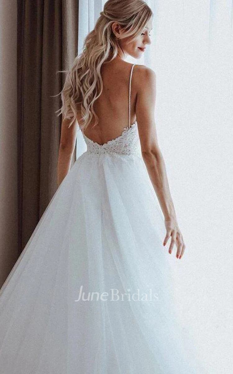 Ball Gown Spaghetti Lace and Tulle Floor-length Sleeveless Wedding Dress with Beading