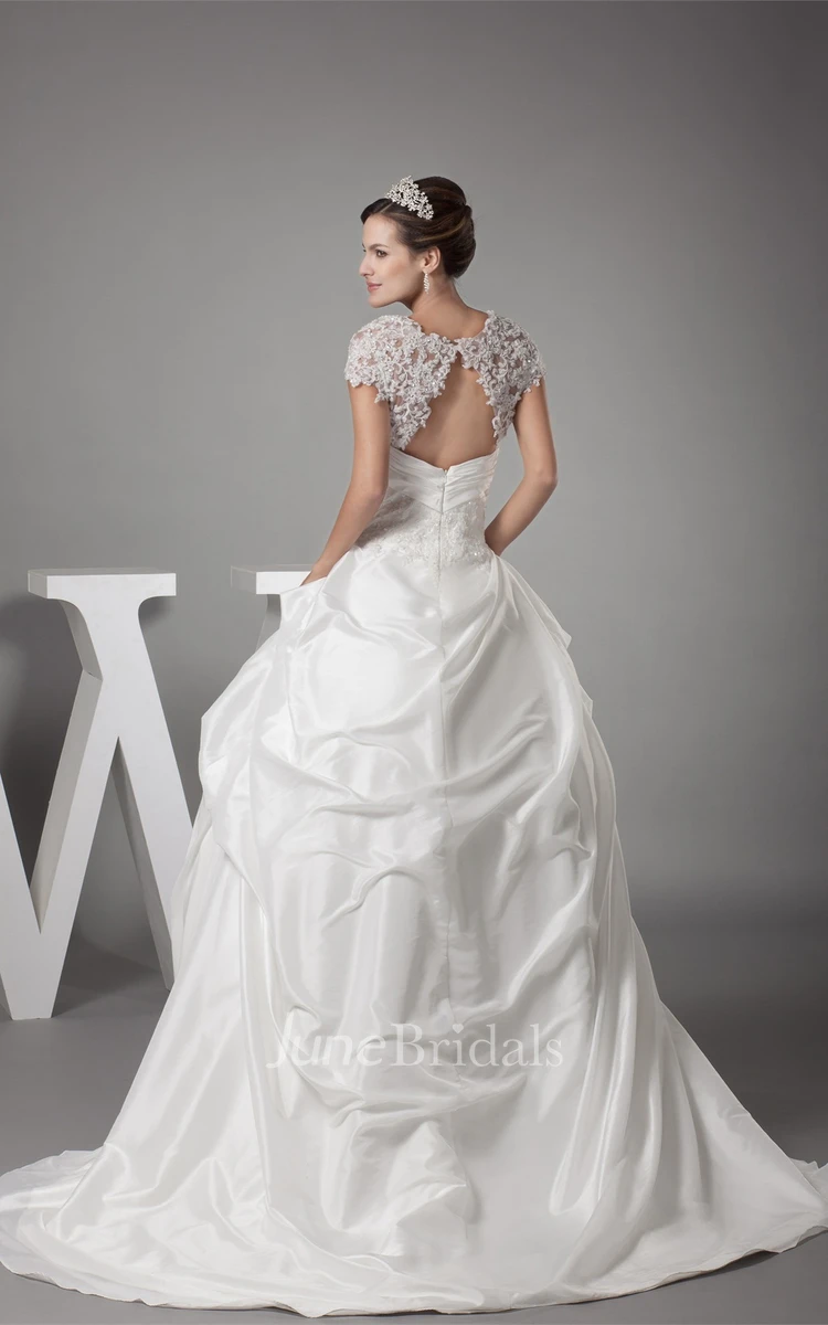 Caped-Sleeve Appliqued Pick-Up Gown with Flower and Ruching