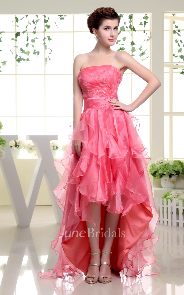 Strapless Organza High-Low Dress With Ruching and Ruffles