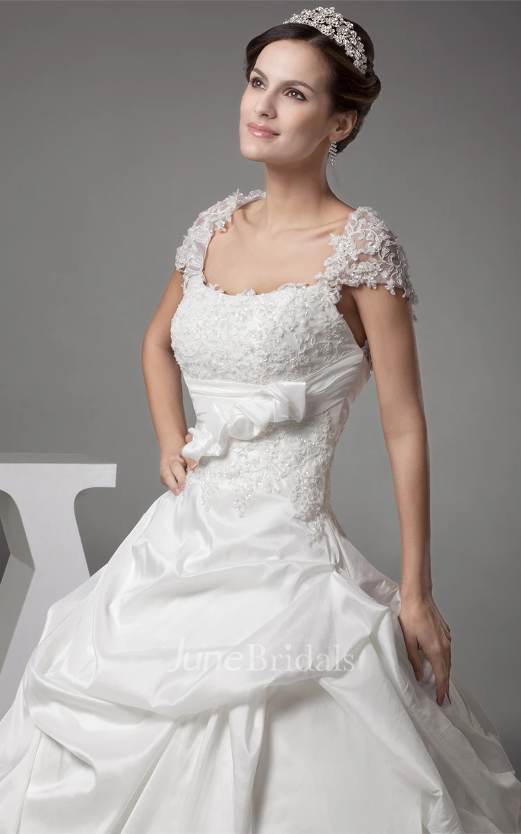 Caped-Sleeve Appliqued Pick-Up Gown with Flower and Ruching