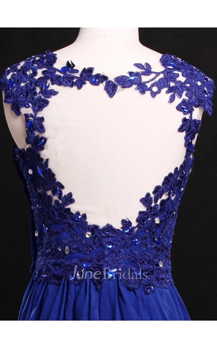 Royal Blue Cap Sleeved Chiffon Dress With Lace Appliques