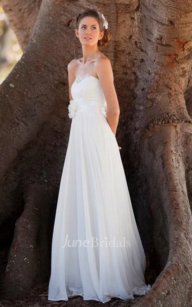 Strapless Backless Long Chiffon Wedding Dress With Sash And Flower