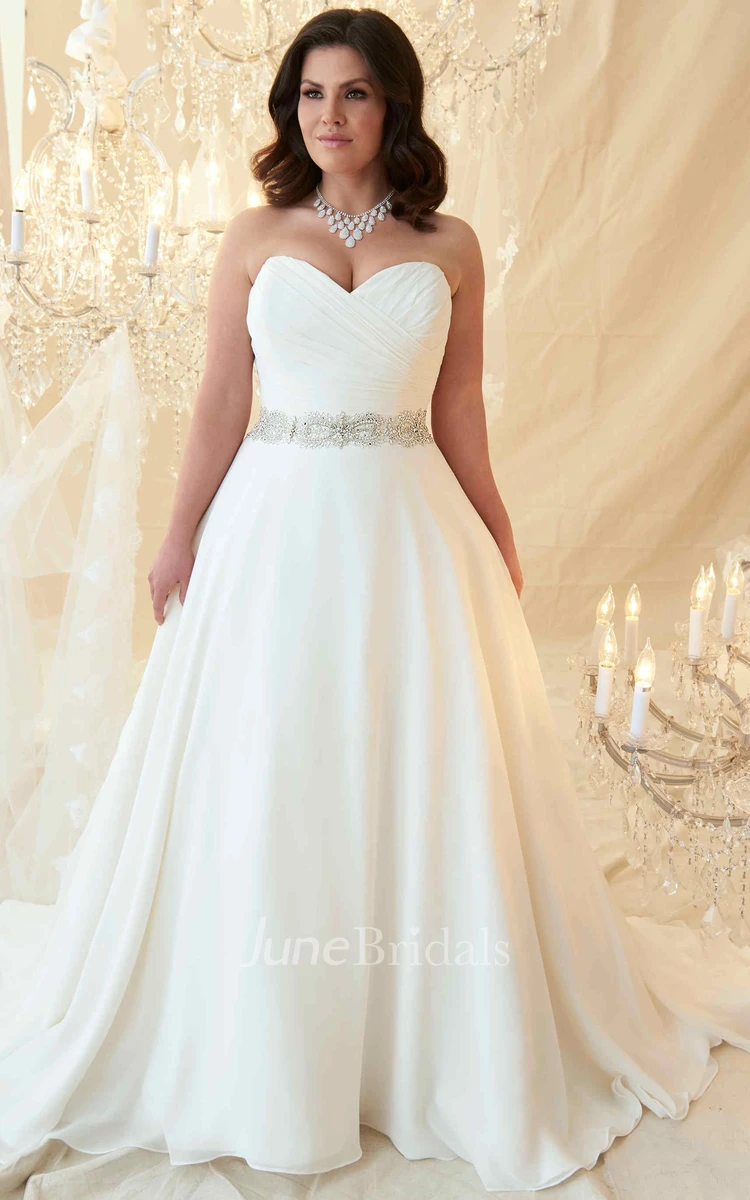 A-Line Sweetheart Jeweled Chiffon Plus Size Wedding Dress With Criss Cross  And Zipper - June Bridals
