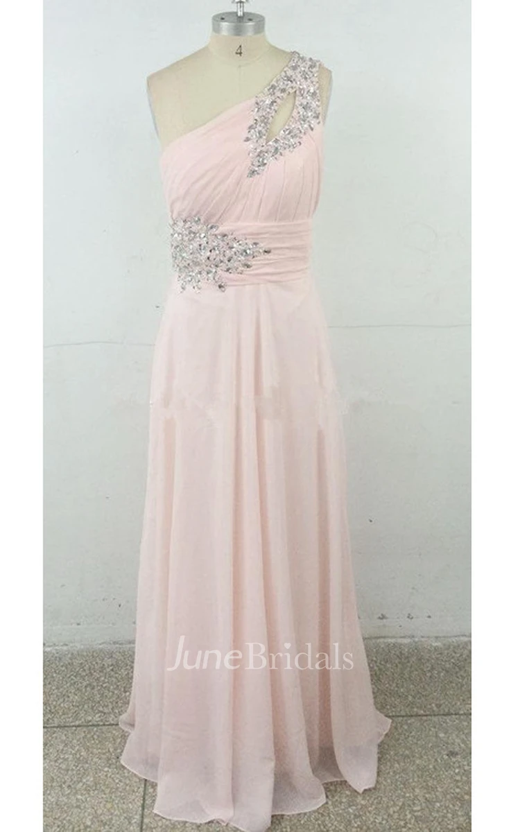 Long One-shoulder Chiffon Dress With Beading And Ruching