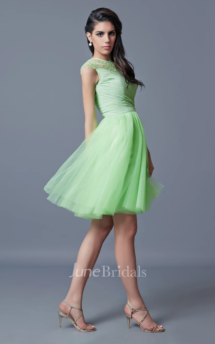 Cap Sleeve A-line Short Tulle Dress With Beading and Pleats