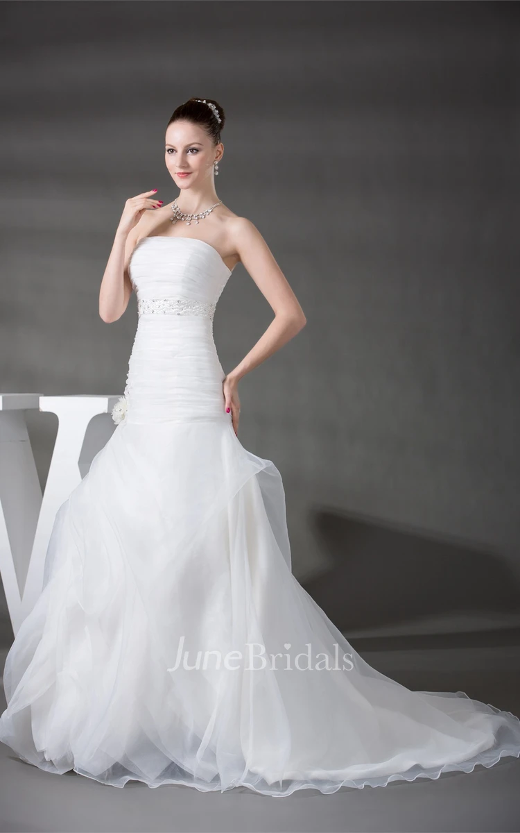 Strapless Ruched A-Line Gown with Flower and Gemmed Waist