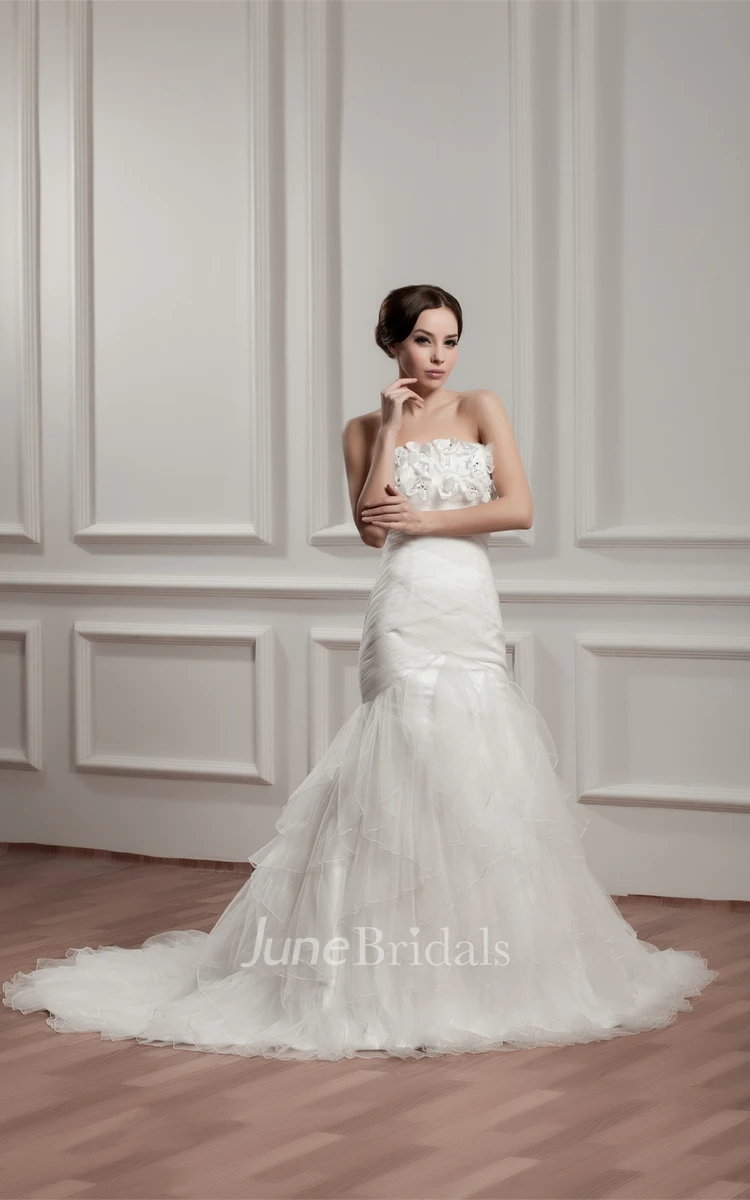 Strapless Mermaid Tulle Dress with Ruffles and Flower