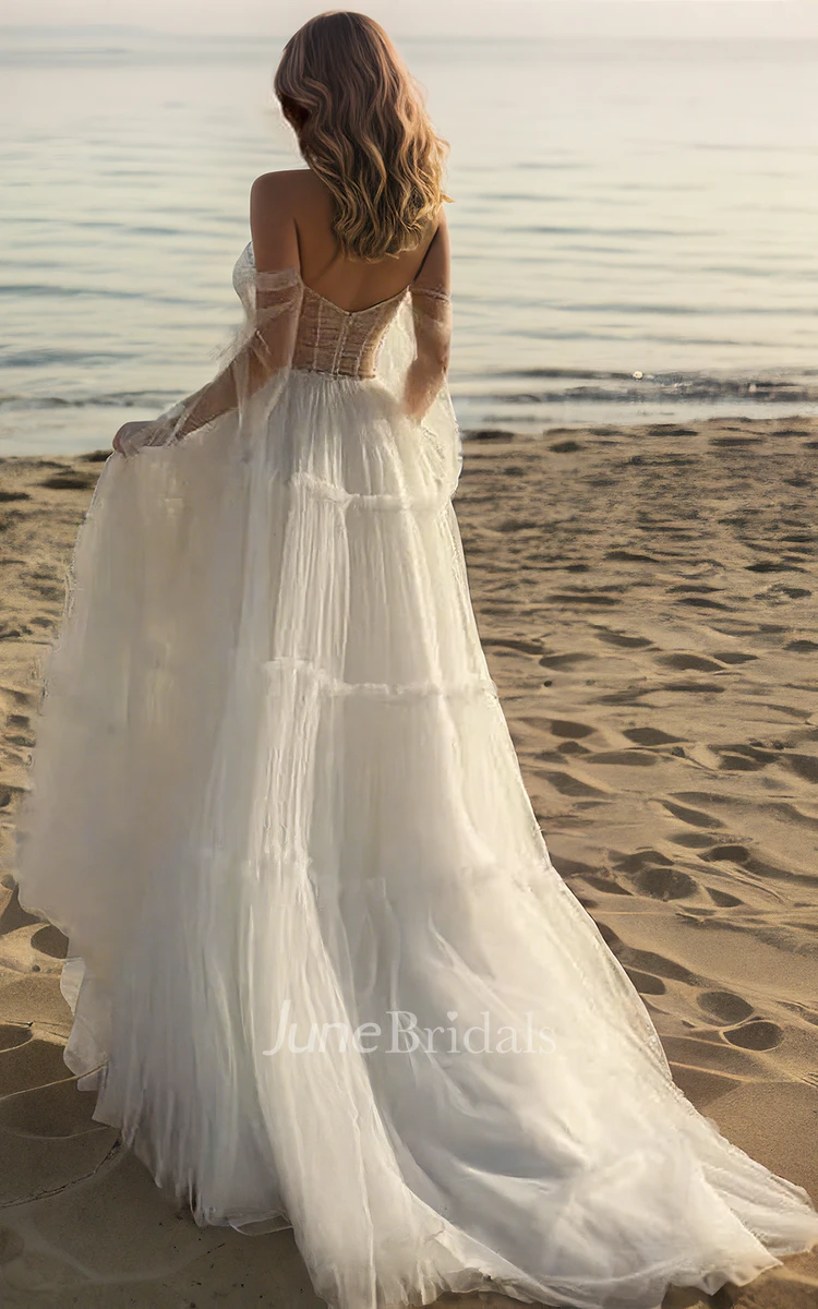 Sweetheart Neck A-Line Off-the-shoulder Fairy Fluttering Tulle Pleats Plus Size Floor-length Long Sleeve Wedding Bride Dress Backless Split