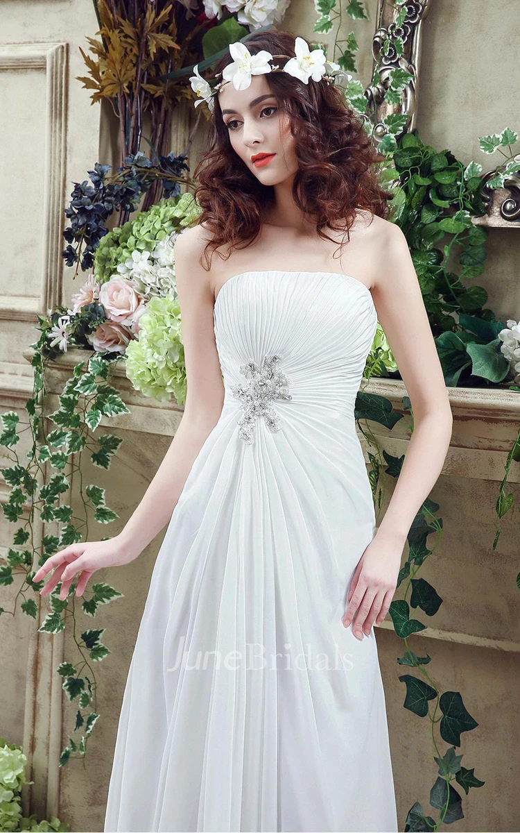 Newest Strapless White Beadings Wedding Dress A-line Sweep Train