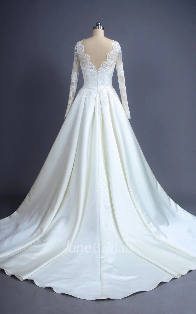 Dreamy Long A-Line Satin Wedding Dress With Lace Bodice