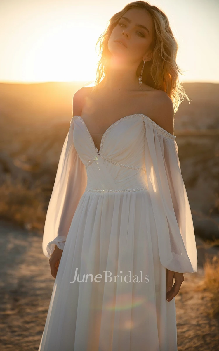 Elegant A-Line Off-the-shoulder Sweetheart Neckline Wedding Dress with Illusion Long Sleeve