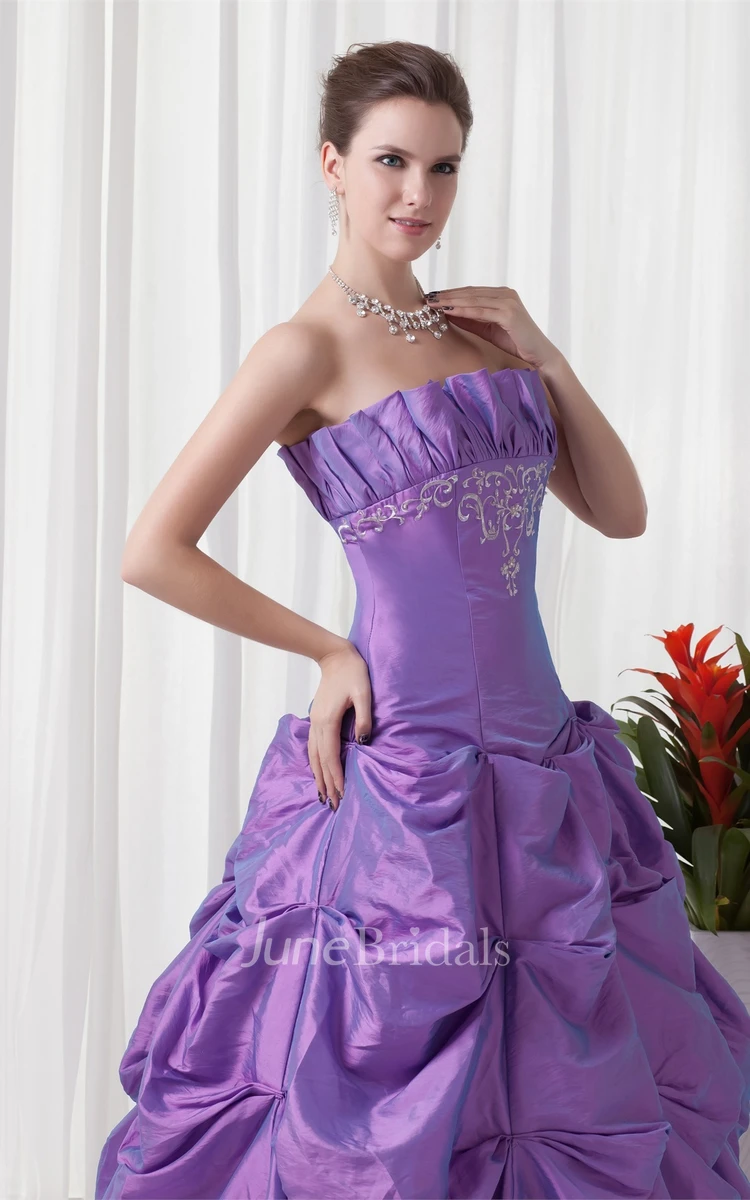 Strapless Pick-Up Ball Gown with Embroideries and Buckle