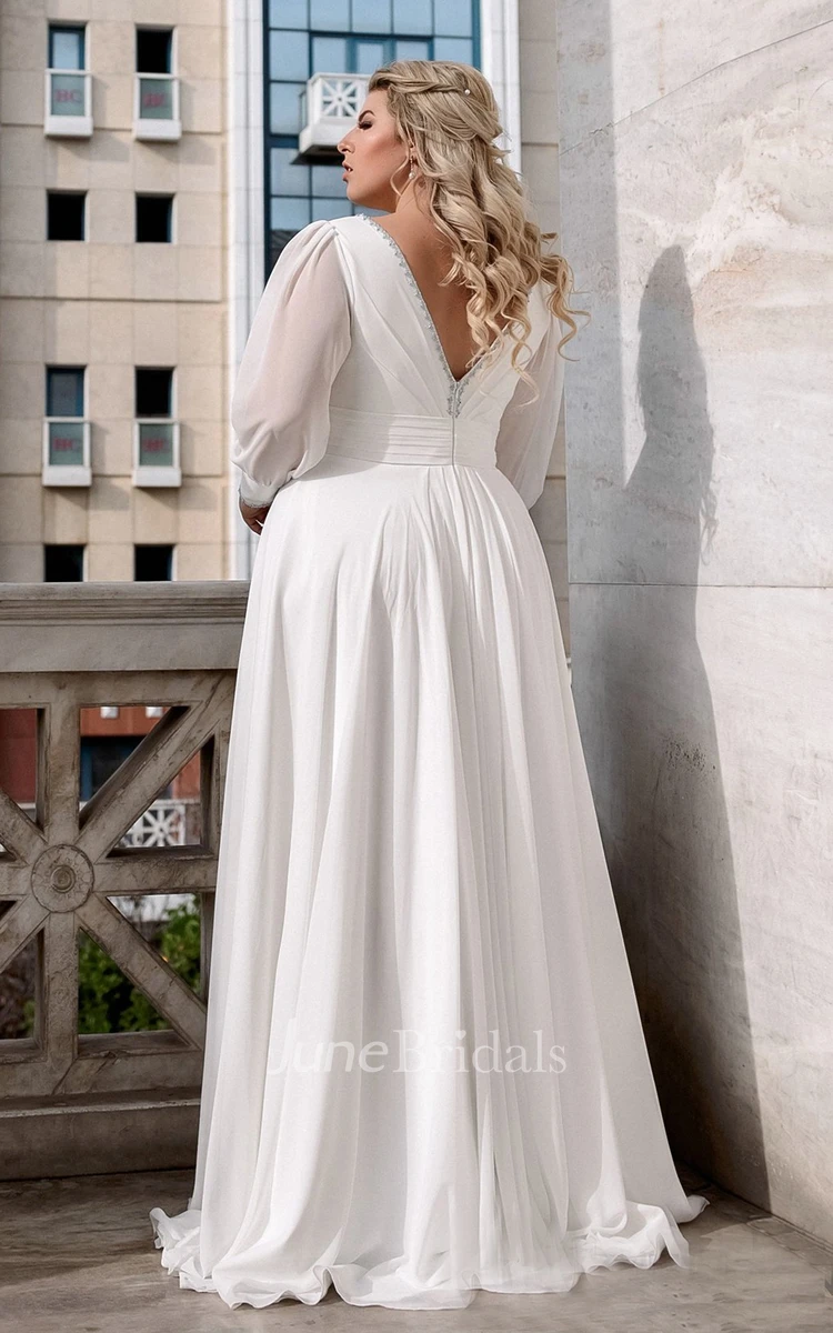A-Line Bohemian V-neck Chiffon Wedding Dress With Deep-V Back And Ruching
