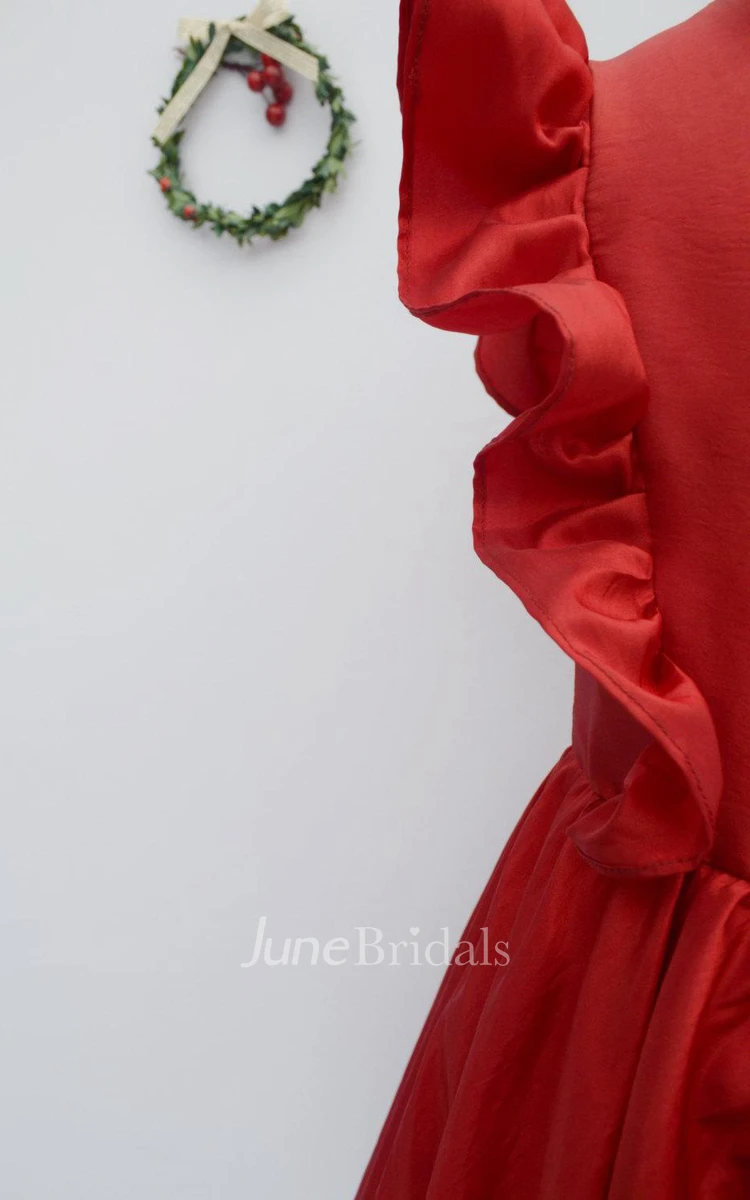 Ruffled Short Sleeve Taffeta Dress With Flower