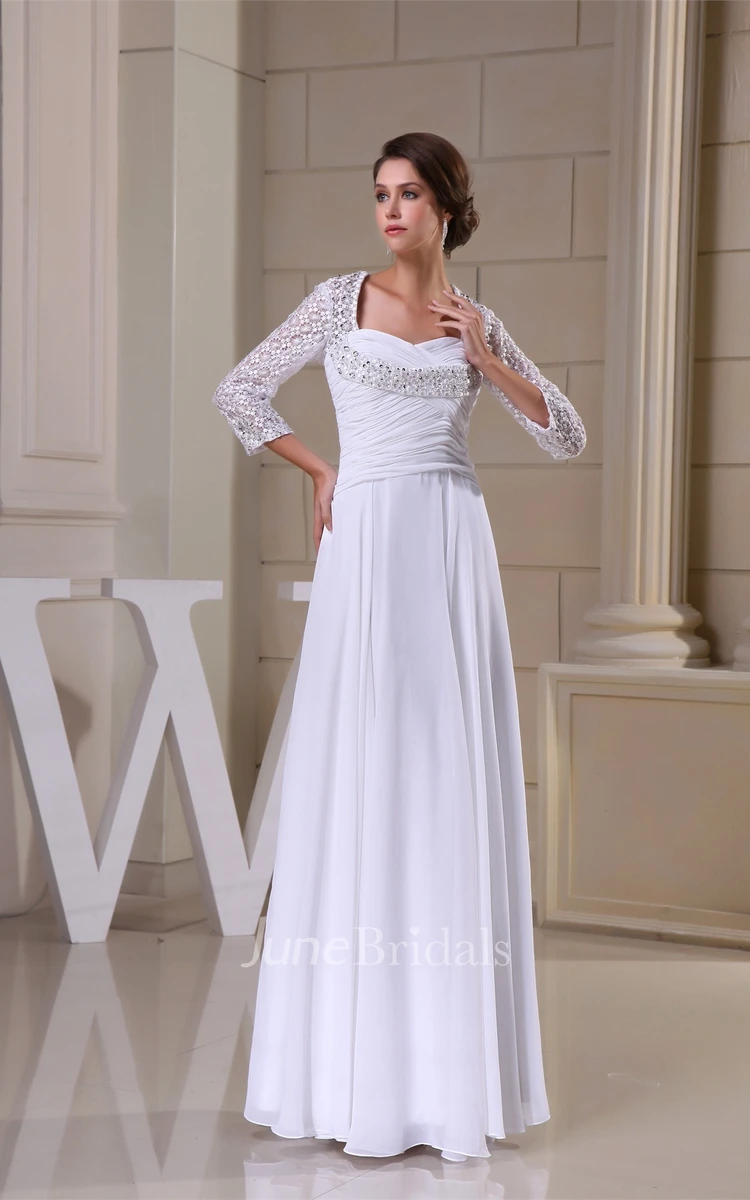 Long-Sleeve Criss-Cross Pleated Dress with Appliques and Keyhole Back