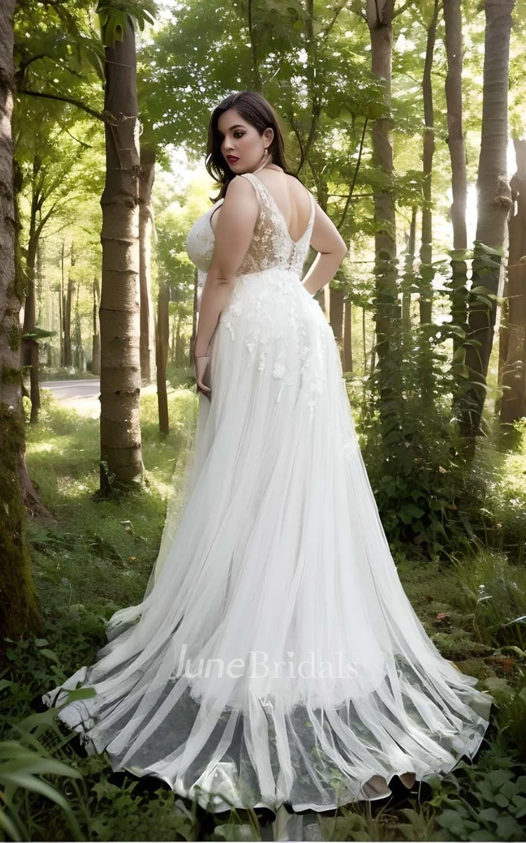 Plus Size A-Line Lace Tulle Sleeveless Wedding Dress 2024 Sexy Bohemian Elegant Country Garden Floor-length Sweep Train