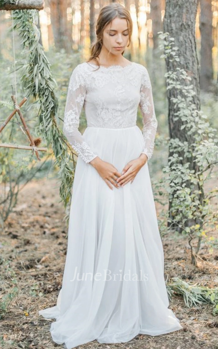 Bohemian Bateau A Line Lace Tulle Wedding Dress with Ruching