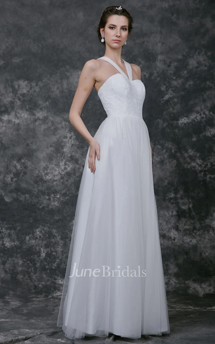 Sweetheart V Halter Neck Pleated Long Tulle Gown With Lace Bodice