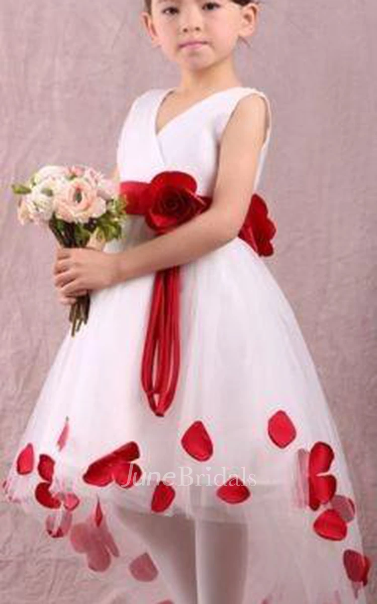 Lovely White and Red Hi-Lo Flower Girl Dress Waistband Flowers