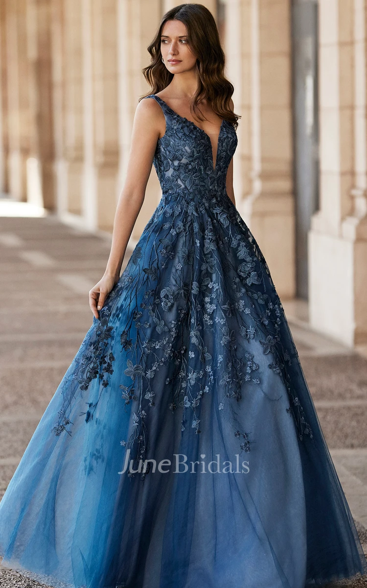 Ethereal A-Line Plunging Neckline Tulle Sleeveless Prom Dress