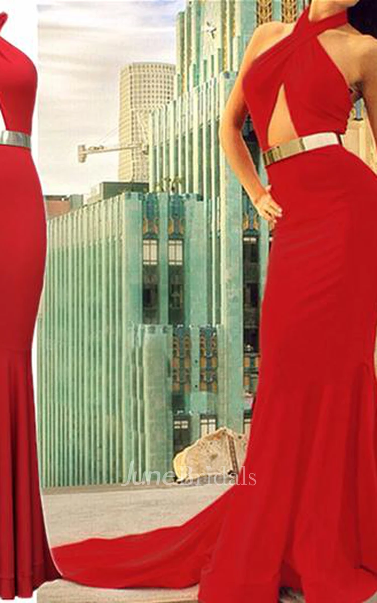 Sexy Red Halter Mermaid Prom Dresses Sweep Train Evening Dresses
