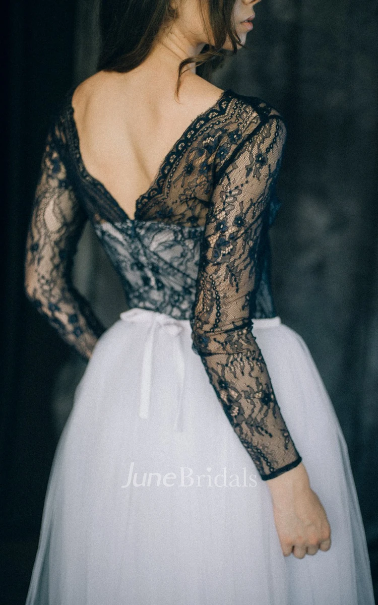 Sheath V-neck Floor-length Long Sleeve Dress Illusion Low-V Back Black Wedding Dress