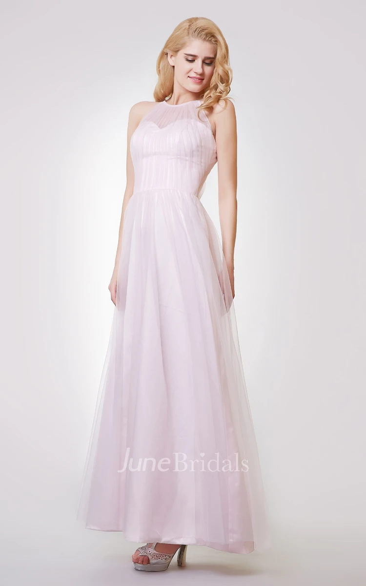 Sleeveless A-line Long Tulle Dress With Pleats
