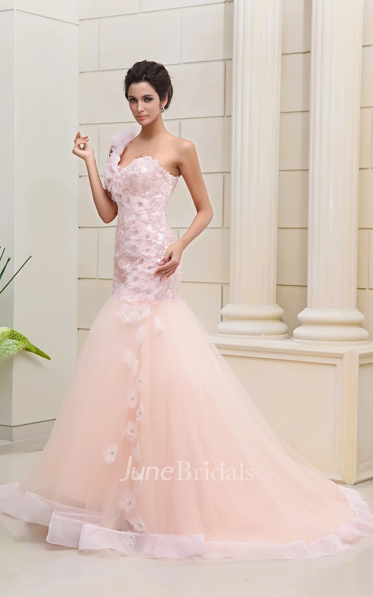 Flaterring Blushing Siren Gown With Flowers And Lace - June Bridals