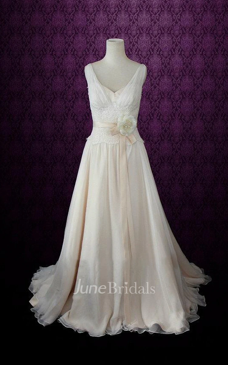 V Neck Neck Sleeveless Sleeveless Sleeveless Low V Back Back Floor Length Chiffon Wedding Dress With Sash Ribbon