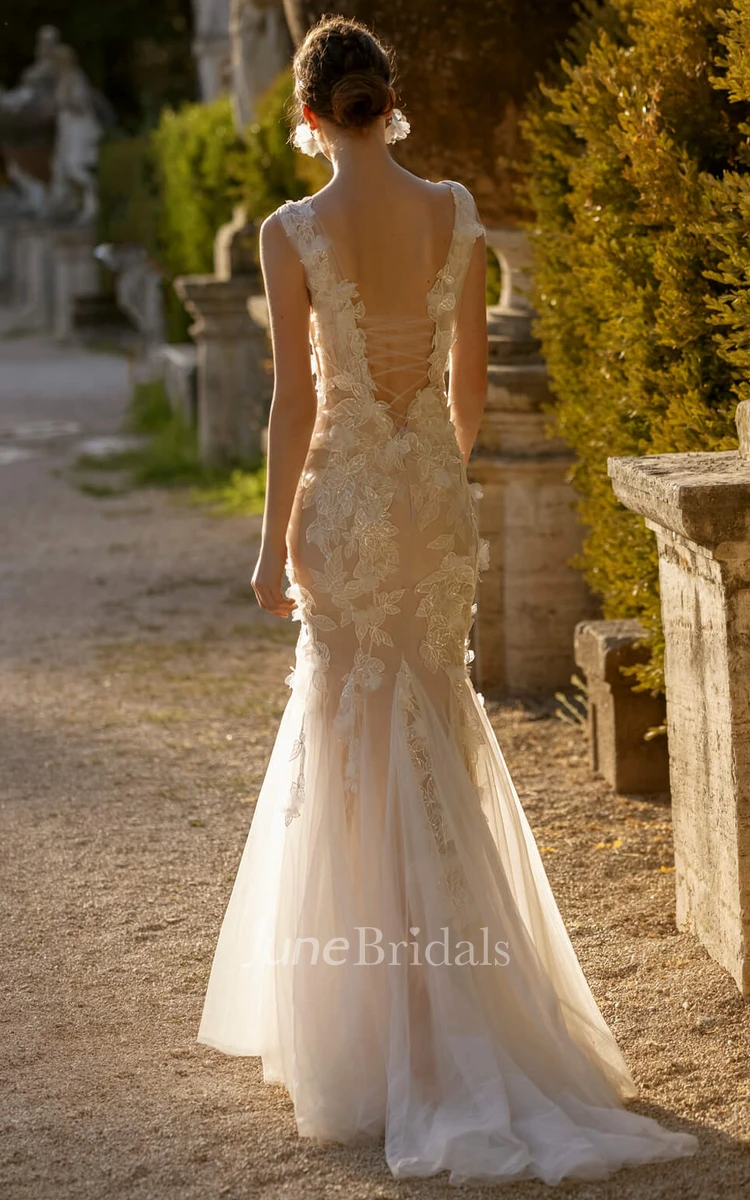 Ethereal Mermaid Plunging Neckline Tulle Garden Wedding Dress With Open Back