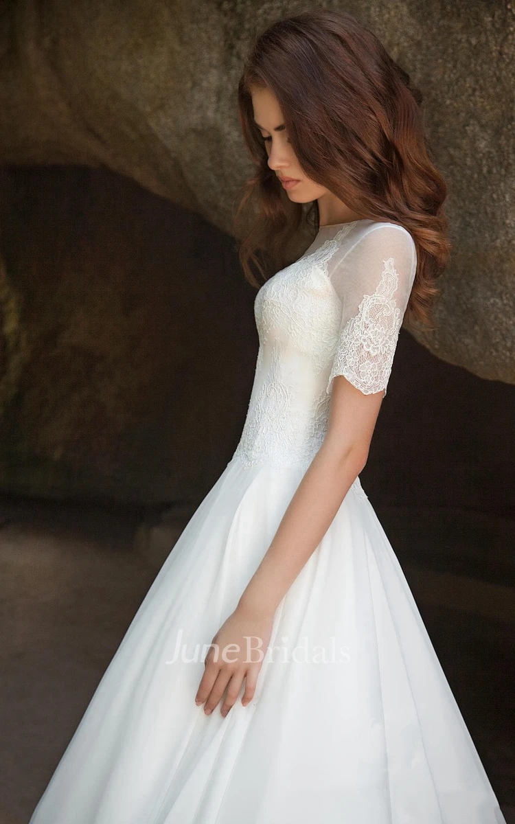 Ball Gown Long Bateau Short-Sleeve Illusion Chiffon Dress With Lace