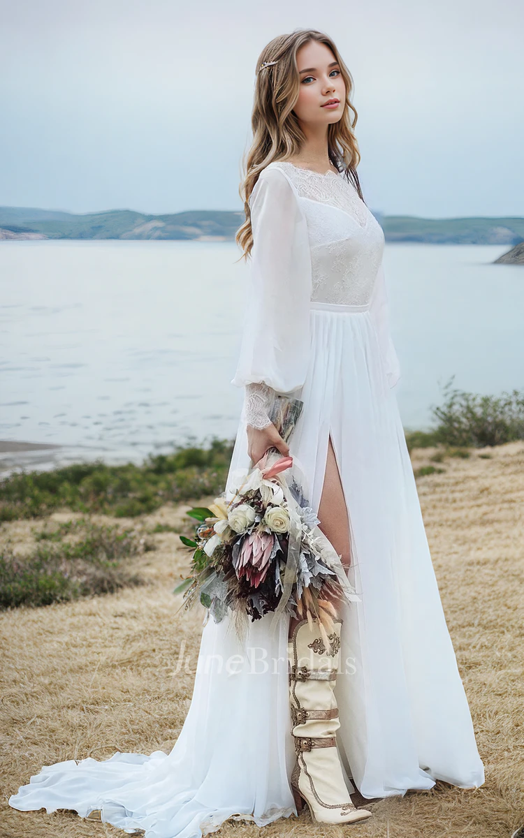 Beach Simple Vintage A-Line Boho Lace Wedding Dress Modest Cowgirl Long Sleeve Split Front Chiffon Bridal Gown with Train