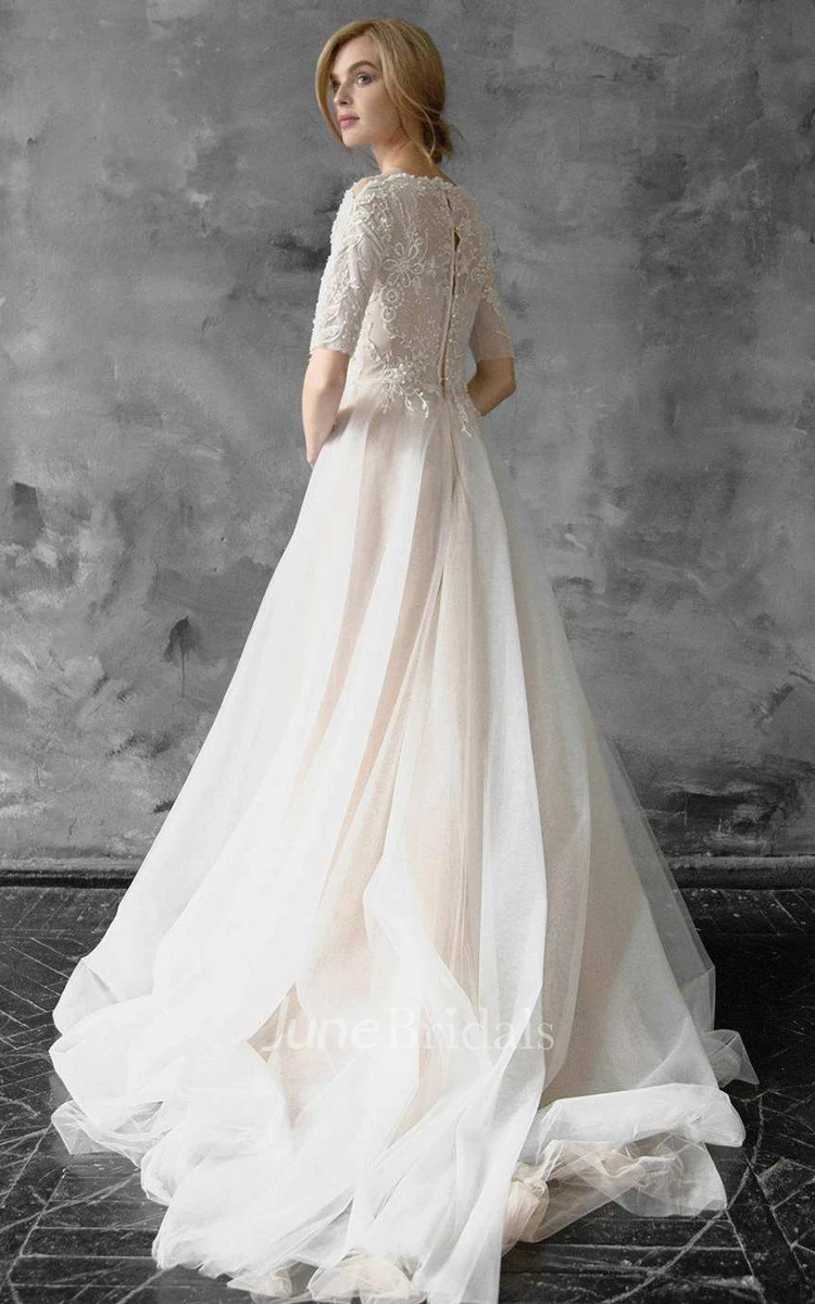 A-Line Tulle Beaded Lace Wedding Dress