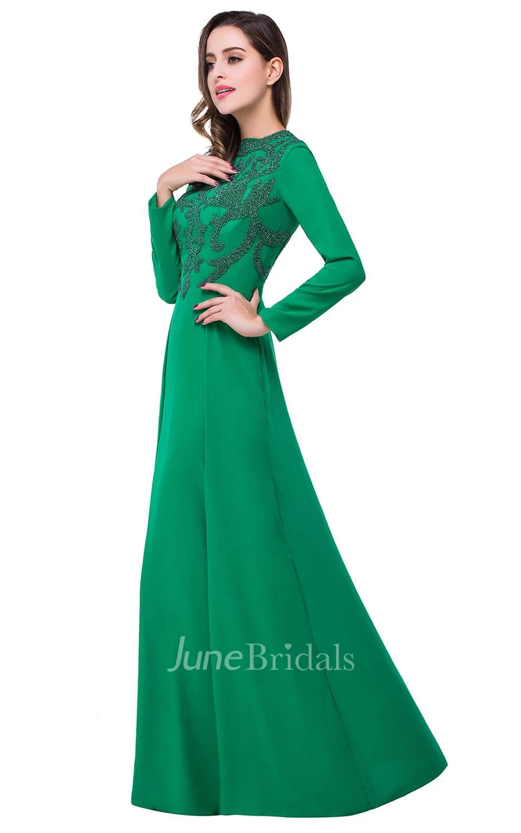 Elegant Green Long Sleeve Beadings Evening Dress Long Chiffon Party Gowns
