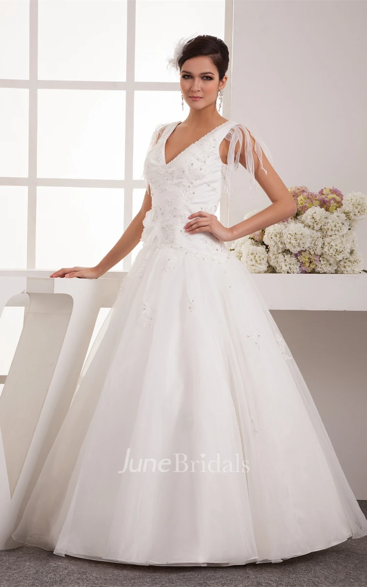 Plunged Tulle A-Line Gown with Pleats and Crystal Detailing