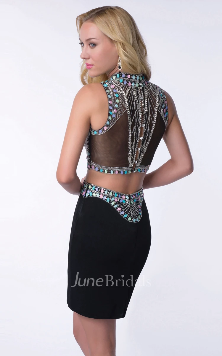 Two-Piece High Neck Sleeveless Homecoming Dress Embellished By Rhinestones