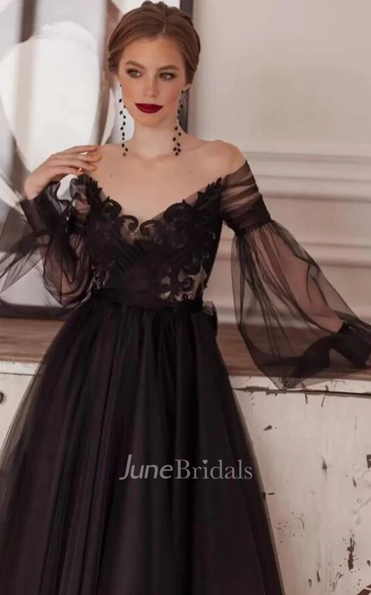 Sexy A Line Long Sleeve Tulle Off-the-shoulder Ankle-length Cocktail Dress with Appliques